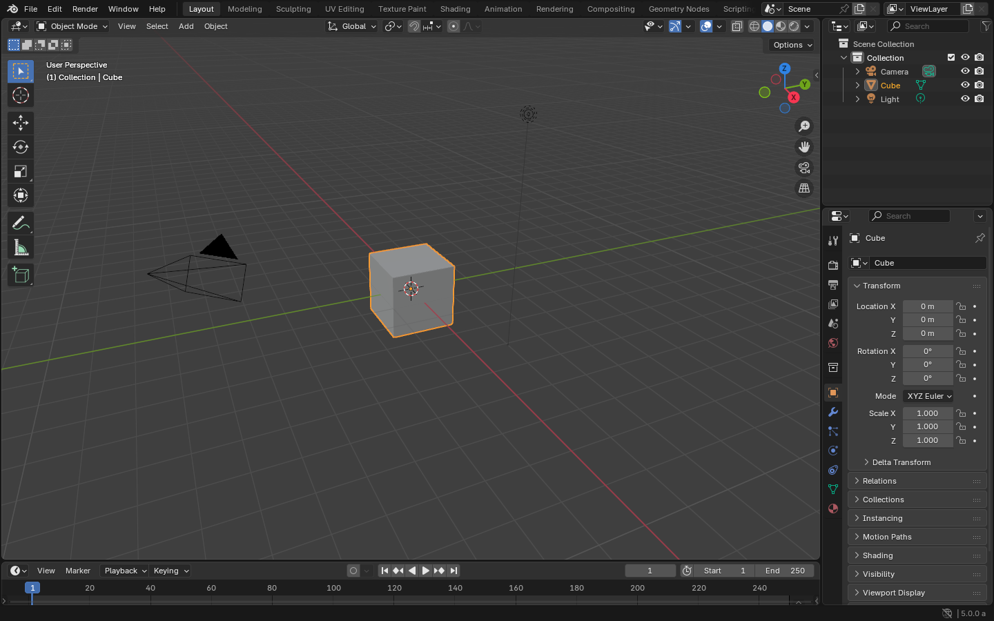 Blender 默认启动工作区，中央是 3D 视口，右侧是场景集合与属性面板