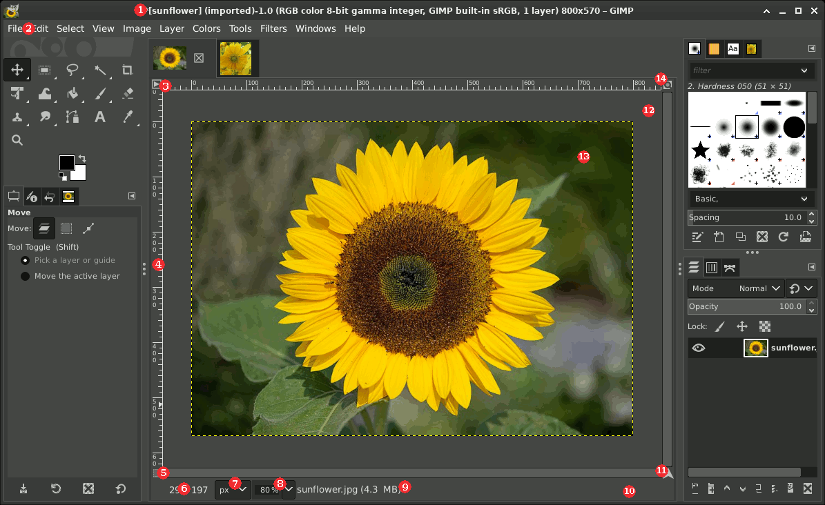 GIMP 单窗口模式的图像区域，标注菜单、标尺、画布、状态栏和导航控件
