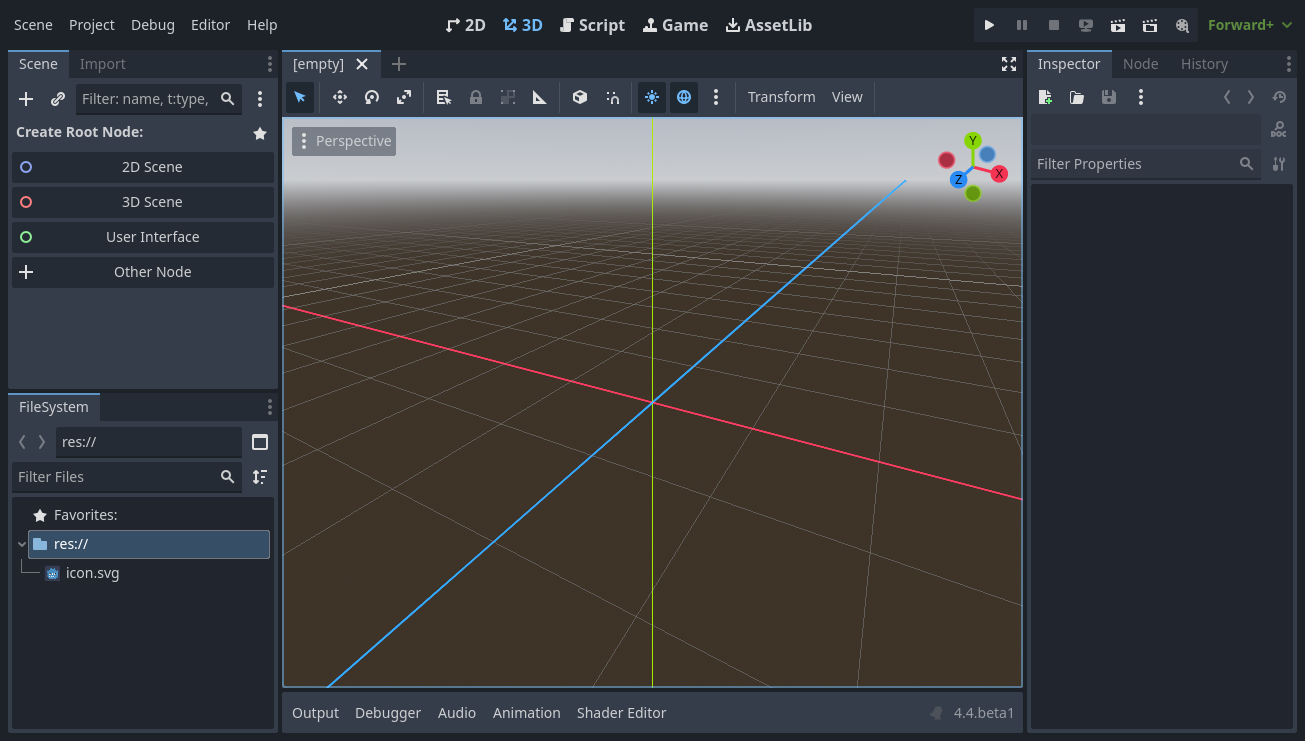 Godot 编辑器的空白 3D 工作区，包含场景树、文件系统、视口与检查器