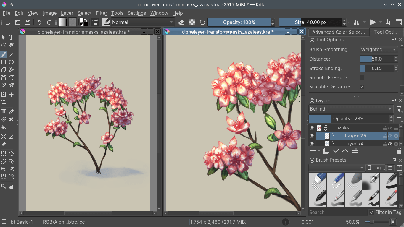 Krita workspace showing multiple views of the same document side by side with shared painting and layer tools