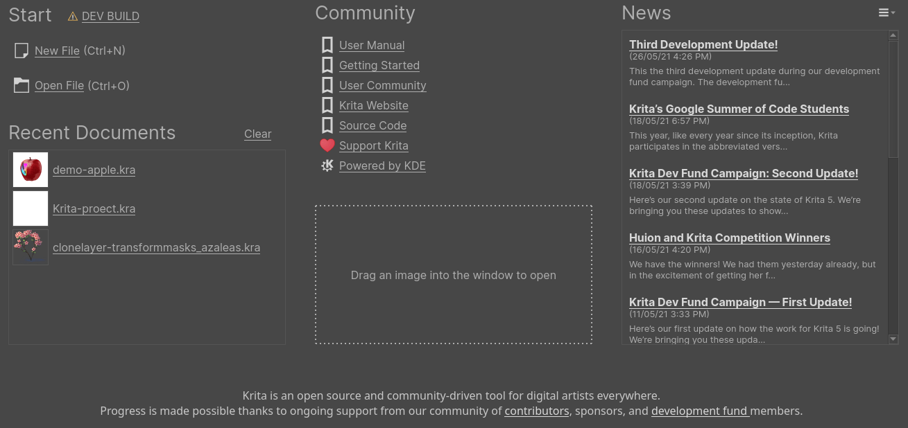 Krita welcome screen with shortcuts for creating or opening files, recent documents, and community resources
