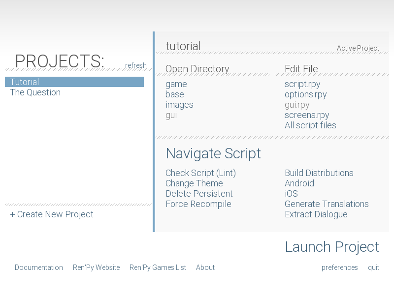 Ren'Py Launcher with projects on the left and editing, linting, and distribution actions on the right