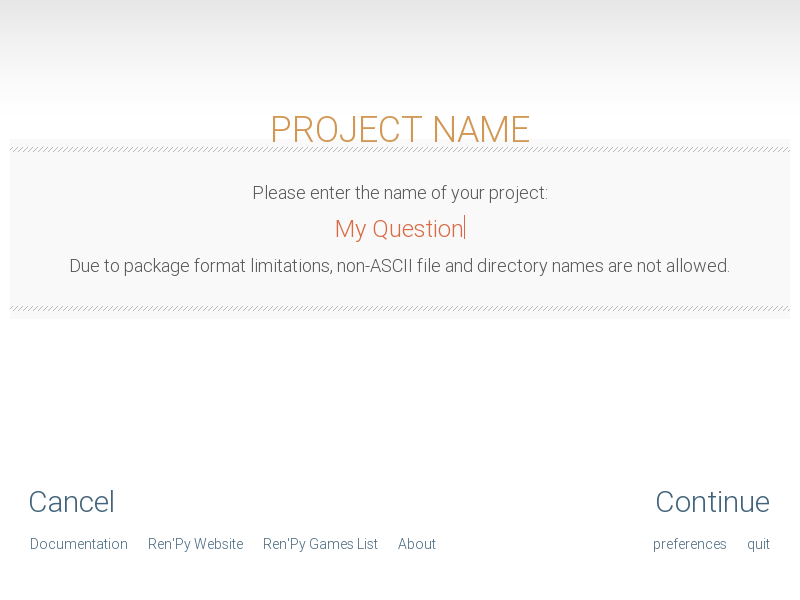 Ren'Py new-project screen for entering a project name