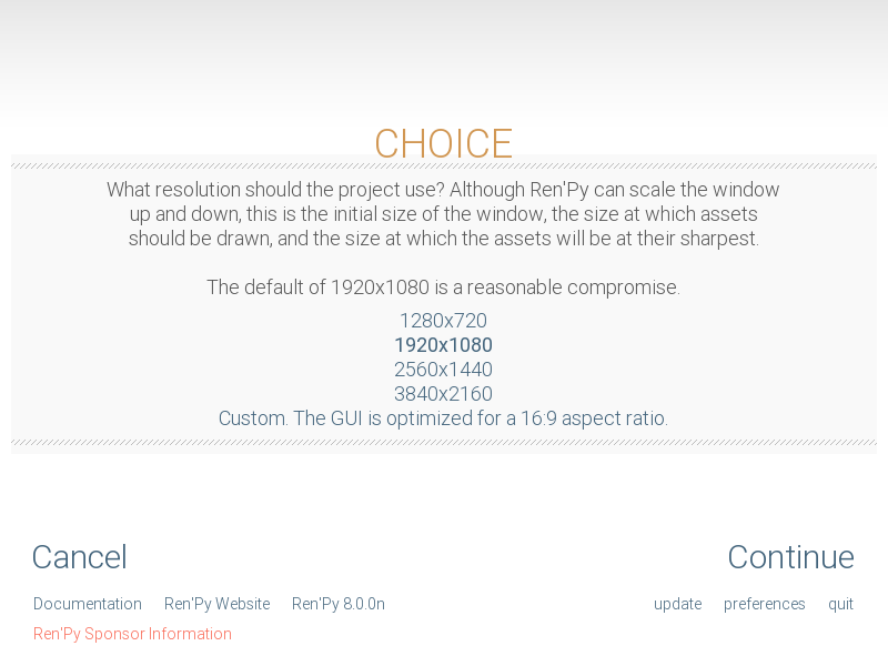 Ren'Py new-project screen for selecting a game resolution